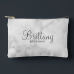 Modern Script Personalized Bridesmaid Accessory Pouch<br><div class="desc">Personalized Bridesmaid Gifts
featuring personalized bridesmaid's name in grey modern script font style with title and wedding date in modern sans serif font style on white marble background.

Also perfect for maid of honour,  mother of the bride,  flower girl and more.</div>