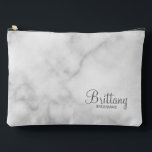 Modern Script Personalized Bridesmaid Accessory Pouch<br><div class="desc">Personalized Bridesmaid Gifts
featuring personalized bridesmaid's name in grey modern script font style with title and wedding date in modern sans serif font style on white marble background.

Also perfect for maid of honour,  mother of the bride,  flower girl and more.</div>