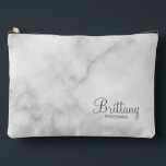 Modern Script Personalized Bridesmaid Accessory Pouch<br><div class="desc">Personalized Bridesmaid Gifts
featuring personalized bridesmaid's name in grey modern script font style with title and wedding date in modern sans serif font style on white marble background.

Also perfect for maid of honour,  mother of the bride,  flower girl and more.</div>