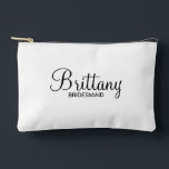 Modern Script Personalized Bridesmaid Accessory Pouch<br><div class="desc">Personalized Bridesmaid Gifts
featuring personalized bridesmaid's name in black modern script font style with title and wedding date in modern sans serif font style on white background.

Also perfect for maid of honour,  mother of the bride,  groomsman,  best man,  father of the bride and more.</div>