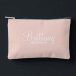 Modern Script Personalized Bridesmaid Accessory Pouch<br><div class="desc">Personalized Bridesmaid Gifts
featuring personalized bridesmaid's name in white modern script font style with title and wedding date in modern sans serif font style on blush pink background.

Also perfect for maid of honour,  mother of the bride,  flower girl and more.</div>