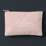 Modern Script Personalized Bridesmaid Accessory Pouch<br><div class="desc">Personalized Bridesmaid Gifts
featuring personalized bridesmaid's name in white modern script font style with title and wedding date in modern sans serif font style on blush pink background.

Also perfect for maid of honour,  mother of the bride,  flower girl and more.</div>