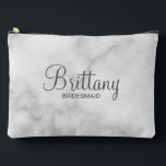 Modern Script Personalized Bridesmaid Accessory Pouch<br><div class="desc">Personalized Bridesmaid Gifts
featuring personalized bridesmaid's name in grey modern script font style with title and wedding date in modern sans serif font style on white marble background.

Also perfect for maid of honour,  mother of the bride,  flower girl and more.</div>