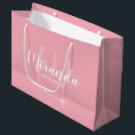 Modern Script Personalized Bridesmaid Blush Pink Large Gift Bag<br><div class="desc">Personalized Bridesmaids Gift Bag featuring personalized bridesmaid's name in white modern script font style and monogram in light blush pink modern script font style as background with title and wedding date in white modern sans serif font style on blush pink background. Also perfect for maid of honour, flower girl, mother...</div>