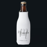 Modern Script Personalized Bridesmaid Bottle Cooler<br><div class="desc">Add a personal touch to your wedding with personalized bridesmaid gift. This design features personalized bridesmaid's name in grey modern script font style and monogram in light grey modern script font style as background with title and wedding date in grey modern sans serif font style on white background. Also perfect...</div>
