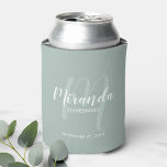 Modern Script Personalized Bridesmaid Can Cooler<br><div class="desc">Add a personal touch to your wedding with personalized bridesmaid gift. This design features personalized bridesmaid's name in white modern script font style and monogram in sage green modern script font style as background with title and wedding date in white modern sans serif font style on sage green background. Also...</div>