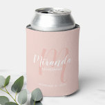 Modern Script Personalized Bridesmaid Can Cooler<br><div class="desc">Add a personal touch to your wedding with personalized bridesmaid gift. This design features personalized bridesmaid's name in white modern script font style and monogram in blush pink modern script font style as background with title and wedding date in white modern sans serif font style on blush pink background. Also...</div>