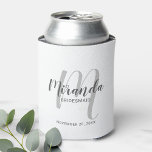 Modern Script Personalized Bridesmaid Can Cooler<br><div class="desc">Add a personal touch to your wedding with personalized bridesmaid gift. This design features personalized bridesmaid's name in grey modern script font style and monogram in light grey modern script font style as background with title and wedding date in grey modern sans serif font style on white background. Also perfect...</div>