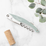 Modern Script Personalized Bridesmaid Corkscrew<br><div class="desc">Personalized Bridesmaid Gifts
featuring personalized bridesmaid's name in white script font style with title in modern sans serif font style on sage green background.

Also perfect for maid of honour,  mother of the bride and more.</div>