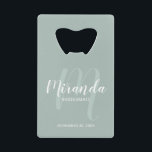 Modern Script Personalized Bridesmaid Credit Card Bottle Opener<br><div class="desc">Add a personal touch to your wedding with personalized bridesmaid gift. This design features personalized bridesmaid's name in white modern script font style and monogram in sage green modern script font style as background with title and wedding date in white modern sans serif font style on sage green background. Also...</div>