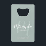 Modern Script Personalized Bridesmaid Credit Card Bottle Opener<br><div class="desc">Add a personal touch to your wedding with personalized bridesmaid gift. This design features personalized bridesmaid's name in white modern script font style and monogram in sage green modern script font style as background with title and wedding date in white modern sans serif font style on sage green background. Also...</div>