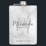 Modern Script Personalized Bridesmaid Flask<br><div class="desc">Add a personal touch to your wedding with personalized bridesmaid flask. This flask features personalized bridesmaid's name in grey modern script font style and monogram in light grey modern script font style as background with title and wedding date in grey modern sans serif font style on white marble background. Also...</div>