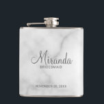 Modern Script Personalized Bridesmaid Flask<br><div class="desc">Add a personal touch to your wedding with personalized bridesmaid flask. This flask features personalized bridesmaid's name in grey modern script font style with title and wedding date in grey modern sans serif font style on white marble background. Also perfect for maid of honour, mother of the bride and more....</div>