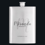 Modern Script Personalized Bridesmaid Hip Flask<br><div class="desc">Add a personal touch to your wedding with personalized bridesmaid flask. This flask features personalized bridesmaid's name in grey modern script font style and monogram in light grey modern script font style as background with title and wedding date in grey modern sans serif font style. Also perfect for maid of...</div>