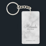 Modern Script Personalized Bridesmaid Keychain<br><div class="desc">Add a personal touch to your wedding with personalized bridesmaid keychain. This keychain features personalized bridesmaid's name in grey modern script font style with title and wedding date in grey modern sans serif font style on white marble background. Also perfect for maid of honour, mother of the bride and more....</div>