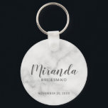 Modern Script Personalized Bridesmaid Keychain<br><div class="desc">Add a personal touch to your wedding with personalized bridesmaid keychain. This keychain features personalized bridesmaid's name in grey modern script font style with title and wedding date in grey modern sans serif font style on white marble background. Also perfect for maid of honour, mother of the bride and more....</div>