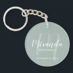 Modern Script Personalized Bridesmaid Keychain<br><div class="desc">Add a personal touch to your wedding with personalized bridesmaid keychain. This keychain features personalized bridesmaid's name in white modern script font style and monogram in sage green modern script font style as background with title and wedding date in white modern sans serif font style on sage green background. Also...</div>