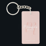 Modern Script Personalized Bridesmaid Keychain<br><div class="desc">Add a personal touch to your wedding with personalized bridesmaid keychain. This keychain features personalized bridesmaid's name in white modern script font style and monogram in blush pink modern script font style as background with title and wedding date in white modern sans serif font style on blush pink background. Also...</div>