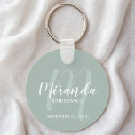 Modern Script Personalized Bridesmaid Keychain<br><div class="desc">Add a personal touch to your wedding with personalized bridesmaid keychain. This keychain features personalized bridesmaid's name in white modern script font style and monogram in sage green modern script font style as background with title and wedding date in white modern sans serif font style on sage green background. Also...</div>
