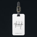 Modern Script Personalized Bridesmaid Luggage Tag<br><div class="desc">Add a personal touch to your wedding with personalized bridesmaid luggage tag. This luggage tag features personalized bridesmaid's name in grey modern script font style and monogram in light grey modern script font style as background with title and wedding date in grey modern sans serif font style on white background....</div>