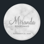 Modern Script Personalized Bridesmaid Magnet<br><div class="desc">Add a personal touch to your wedding with personalized bridesmaid magnet. This magnet features personalized bridesmaid's name in grey modern script font style with title and wedding date in grey modern sans serif font style on white marble background. Also perfect for maid of honour, mother of the bride and more....</div>
