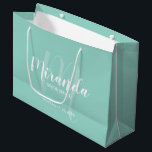 Modern Script Personalized Bridesmaid Mint Green Large Gift Bag<br><div class="desc">Personalized Bridesmaids Gift Bag featuring personalized bridesmaid's name in white modern script font style and monogram in light mint green modern script font style as background with title and wedding date in white modern sans serif font style on mint green background. Also perfect for maid of honour, flower girl, mother...</div>