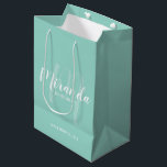 Modern Script Personalized Bridesmaid Mint Green Medium Gift Bag<br><div class="desc">Personalized Bridesmaids Gift Bag featuring personalized bridesmaid's name in white modern script font style and monogram in light mint green modern script font style as background with title and wedding date in white modern sans serif font style on mint green background. Also perfect for maid of honour, flower girl, mother...</div>