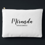 Modern Script Personalized Bridesmaid Name Accessory Pouch<br><div class="desc">Modern Script Personalized Bridesmaid Gift
featuring personalized bridesmaid's name in black modern script font style with title and wedding date in modern sans serif font style on white background.

Also perfect for maid of honour,  flower girl,  mother of the bride,  groomsman,  best man and more.</div>