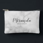 Modern Script Personalized Bridesmaid Name Accessory Pouch<br><div class="desc">Modern Script Personalized Bridesmaid Gift
featuring personalized bridesmaid's name in grey modern script font style with title and wedding date in modern sans serif font style on white marble background.

Also perfect for maid of honour,  flower girl,  mother of the bride and more.</div>
