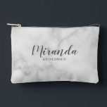 Modern Script Personalized Bridesmaid Name Accessory Pouch<br><div class="desc">Modern Script Personalized Bridesmaid Gift
featuring personalized bridesmaid's name in grey modern script font style with title and wedding date in modern sans serif font style on white marble background.

Also perfect for maid of honour,  flower girl,  mother of the bride and more.</div>