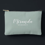 Modern Script Personalized Bridesmaid Name Accessory Pouch<br><div class="desc">Modern Script Personalized Bridesmaid Gift
featuring personalized bridesmaid's name in white modern script font style with title and wedding date in modern sans serif font style on sage green background.

Also perfect for maid of honour,  flower girl,  mother of the bride and more.</div>