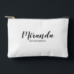 Modern Script Personalized Bridesmaid Name Accessory Pouch<br><div class="desc">Modern Script Personalized Bridesmaid Gift
featuring personalized bridesmaid's name in black modern script font style with title and wedding date in modern sans serif font style on white background.

Also perfect for maid of honour,  flower girl,  mother of the bride,  groomsman,  best man and more.</div>