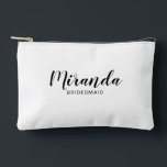 Modern Script Personalized Bridesmaid Name Accessory Pouch<br><div class="desc">Modern Script Personalized Bridesmaid Gift
featuring personalized bridesmaid's name in black modern script font style with title and wedding date in modern sans serif font style on white background.

Also perfect for maid of honour,  flower girl,  mother of the bride,  groomsman,  best man and more.</div>