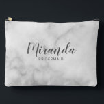 Modern Script Personalized Bridesmaid Name Accessory Pouch<br><div class="desc">Modern Script Personalized Bridesmaid Gift
featuring personalized bridesmaid's name in grey modern script font style with title and wedding date in modern sans serif font style on white marble background.

Also perfect for maid of honour,  flower girl,  mother of the bride and more.</div>