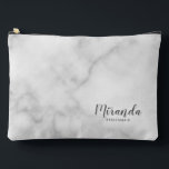 Modern Script Personalized Bridesmaid Name Accessory Pouch<br><div class="desc">Modern Script Personalized Bridesmaid Gift
featuring personalized bridesmaid's name in grey modern script font style with title and wedding date in modern sans serif font style on white marble background.

Also perfect for maid of honour,  flower girl,  mother of the bride,  groomsman,  best man and more.</div>