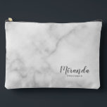 Modern Script Personalized Bridesmaid Name Accessory Pouch<br><div class="desc">Modern Script Personalized Bridesmaid Gift
featuring personalized bridesmaid's name in grey modern script font style with title and wedding date in modern sans serif font style on white marble background.

Also perfect for maid of honour,  flower girl,  mother of the bride,  groomsman,  best man and more.</div>