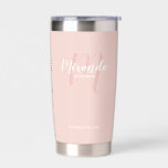Modern Script Personalized Bridesmaid Name Insulated Tumbler<br><div class="desc">Add a personal touch to your wedding with personalized bridesmaid gift. This design features personalized bridesmaid's name in white modern script font style and monogram in blush pink modern script font style as background with title and wedding date in white modern sans serif font style on blush pink background. Also...</div>