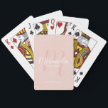 Modern Script Personalized Bridesmaid Playing Cards<br><div class="desc">Personalized Bridesmaid Gifts This design features personalized bridesmaid's name in white modern script font style and monogram in blush pink modern script font style as background with title and wedding date in white modern sans serif font style on blush pink background. Also perfect for maid of honour, mother of the...</div>