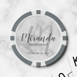 Modern Script Personalized Bridesmaid Poker Chips<br><div class="desc">Add a personal touch to your wedding with personalized bridesmaid poker chips. This design features personalized bridesmaid's name in grey modern script font style and monogram in light grey modern script font style as background with title and wedding date in grey modern sans serif font style on white marble background....</div>