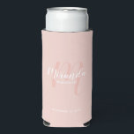 Modern Script Personalized Bridesmaid Seltzer Can Cooler<br><div class="desc">Add a personal touch to your wedding with personalized bridesmaid gift. This design features personalized bridesmaid's name in white modern script font style and monogram in blush pink modern script font style as background with title and wedding date in white modern sans serif font style on blush pink background. Also...</div>