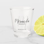 Modern Script Personalized Bridesmaid Shot Glass<br><div class="desc">Add a personal touch to your wedding with personalized bridesmaid shot glass. This shot glass features personalized bridesmaid's name in grey modern script font style and monogram in light grey modern script font style as background with title and wedding date in grey modern sans serif font style. Also perfect for...</div>