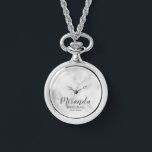 Modern Script Personalized Bridesmaid Watch<br><div class="desc">Add a personal touch to your wedding with personalized bridesmaid gift. This design features personalized bridesmaid's name in grey modern script font style with title and wedding date in grey modern sans serif font style on white marble background. Also perfect for maid of honour, mother of the bride and more....</div>