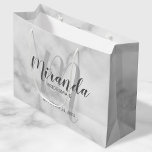 Modern Script Personalized Bridesmaid White Marble Large Gift Bag<br><div class="desc">Personalized Bridesmaids Gift Bag featuring personalized bridesmaid's name in grey modern script font style and monogram in light grey modern script font style as background with title and wedding date in grey modern sans serif font style on white marble background. Also perfect for groomsman, best man, ring bearer, father of...</div>