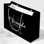 Modern Script Personalized Bridesmaids Black Large Gift Bag<br><div class="desc">Personalized Bridesmaids Gift Bag featuring personalized bridesmaid's name in white modern script font style and monogram in grey modern script font style as background with title and wedding date in white modern sans serif font style on black background. Also perfect for groomsman, best man, ring bearer, father of the bride,...</div>