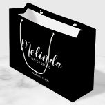 Modern Script Personalized Bridesmaids Large Gift Bag<br><div class="desc">Modern Script Black and White Personalized Bridesmaids Gift Bag
featuring personalized bridesmaid's name in white modern script font style with title and wedding date in modern sans serif font style on black background.

Also perfect for Maid of Honour,  Flower Girl,  Mother of the Bride,  Groomsmen,  Best man and more.</div>