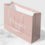 Modern Script Personalized Bridesmaids Large Gift Bag<br><div class="desc">Personalized Bridesmaids Gift Bag featuring personalized bridesmaid's name in white modern script font style and monogram in blush pink modern script font style as background with title and wedding date in white modern sans serif font style on blush pink background. Also perfect for maid of honour, flower girl, mother of...</div>