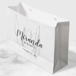 Modern Script Personalized Bridesmaids Large Gift Bag<br><div class="desc">Personalized Bridesmaids Gift Bag featuring personalized bridesmaid's name in grey modern script font style and monogram in light grey modern script font style as background with title and wedding date in grey modern sans serif font style. Also perfect for groomsman, best man, ring bearer, father of the bride, maid of...</div>