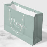 Modern Script Personalized Bridesmaids Large Gift Bag<br><div class="desc">Modern Script Personalized Bridesmaids Gift Bag
featuring personalized bridesmaid's name in white modern script font style with title and wedding date in modern sans serif font style on sag green background.

Also perfect for Maid of Honour,  Flower Girl,  Mother of the Bride and more.</div>