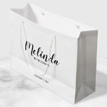Modern Script Personalized Bridesmaids Large Gift Bag<br><div class="desc">Modern Script Personalized Bridesmaids Gift Bag
featuring personalized bridesmaid's name in black modern script font style with title and wedding date in modern sans serif font style on white background.

Also perfect for Maid of Honour,  Flower Girl,  Mother of the Bride,  Groomsmen,  Best man and more.</div>