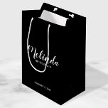 Modern Script Personalized Bridesmaids Medium Gift Bag<br><div class="desc">Modern Script Black and White Personalized Bridesmaids Gift Bag
featuring personalized bridesmaid's name in white modern script font style with title and wedding date in modern sans serif font style on black background.

Also perfect for Maid of Honour,  Flower Girl,  Mother of the Bride,  Groomsmen,  Best man and more.</div>